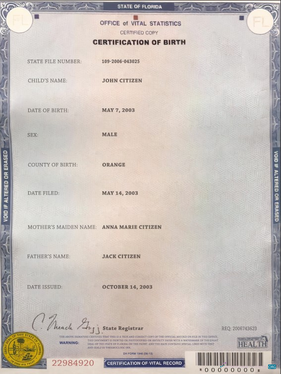 Download USA Florida state birth certificate template in PSD format Photoshop template